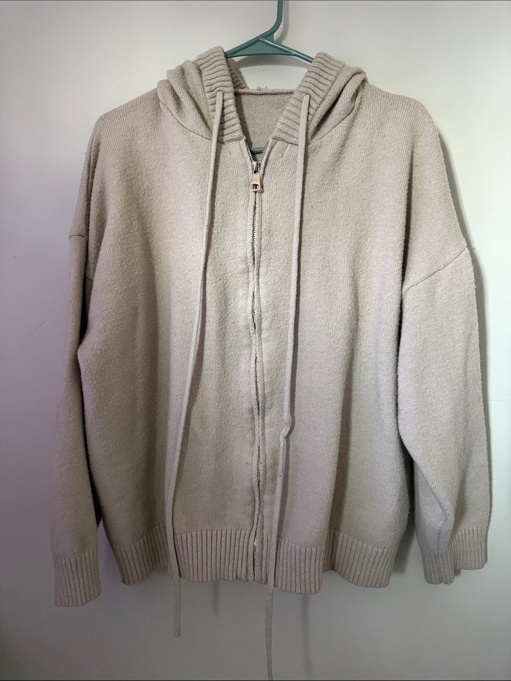 SHEIN Neutral Beige Hooded Zip-Up Sweater